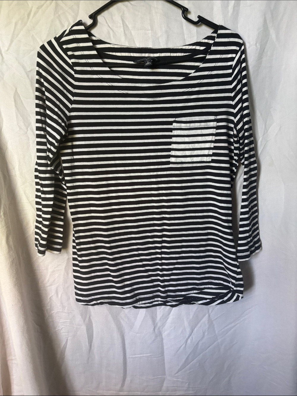 Striped Black & White Pocket Long-Sleeve Women's Top